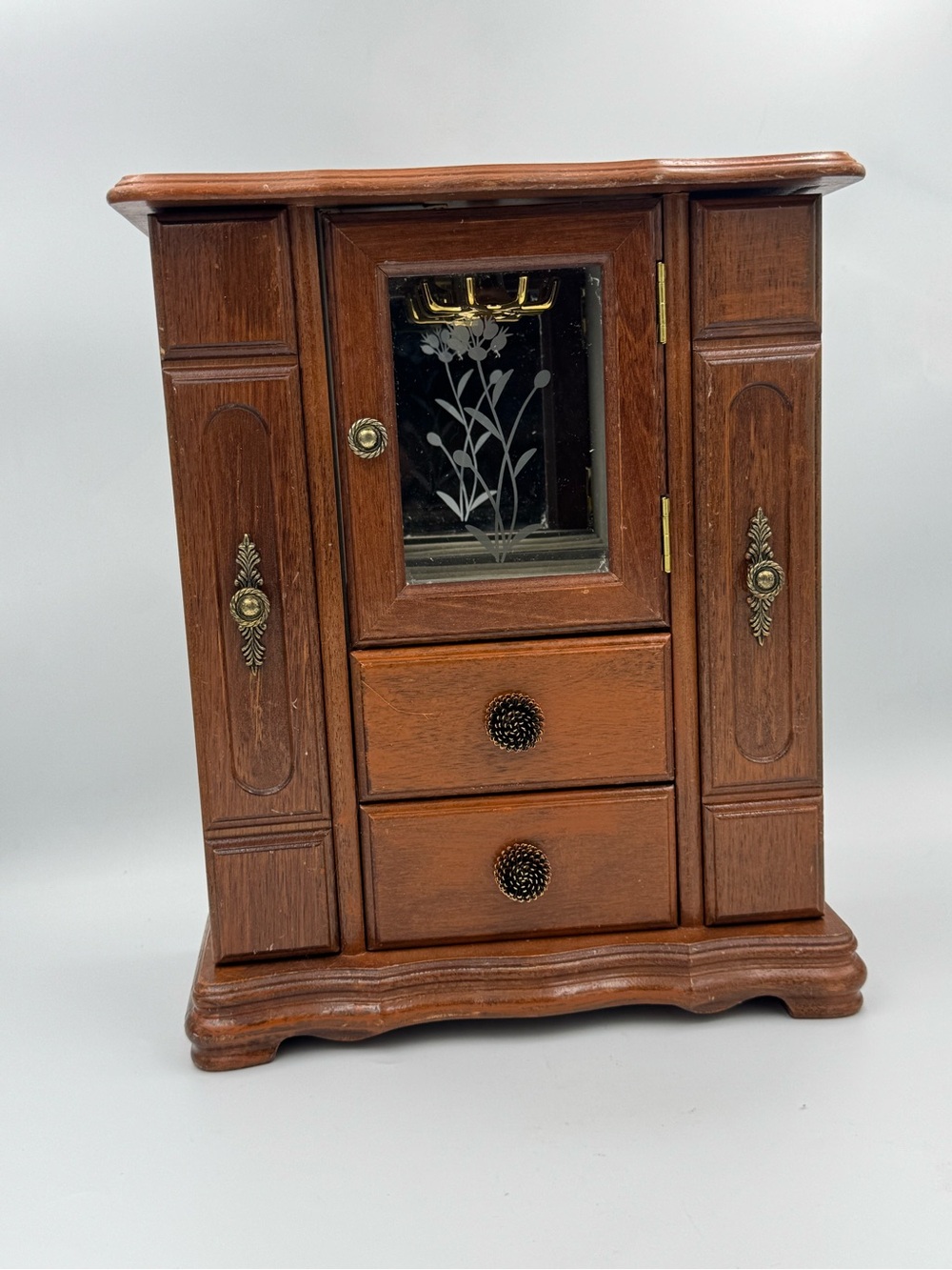 Vintage Wooden Jewelry Armoire Cabinet Mirrored Necklace Box Chest Brown